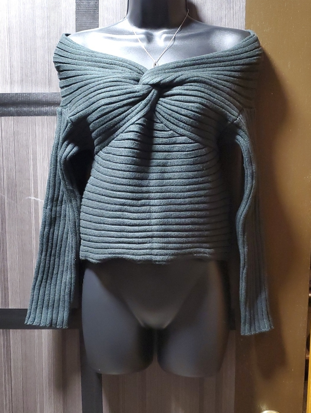 Le Lis Off-Shoulder Ribbed Twist-Knot Sweater - Dark Green
